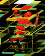 The artwork resembles a Jon Fox piece from Suggestivism: Resonance, featuring a figure ensnared within geometric shapes. Reds and yellows illustrate the figures struggle, generating tension and dynamic movement against a dark backdrop.