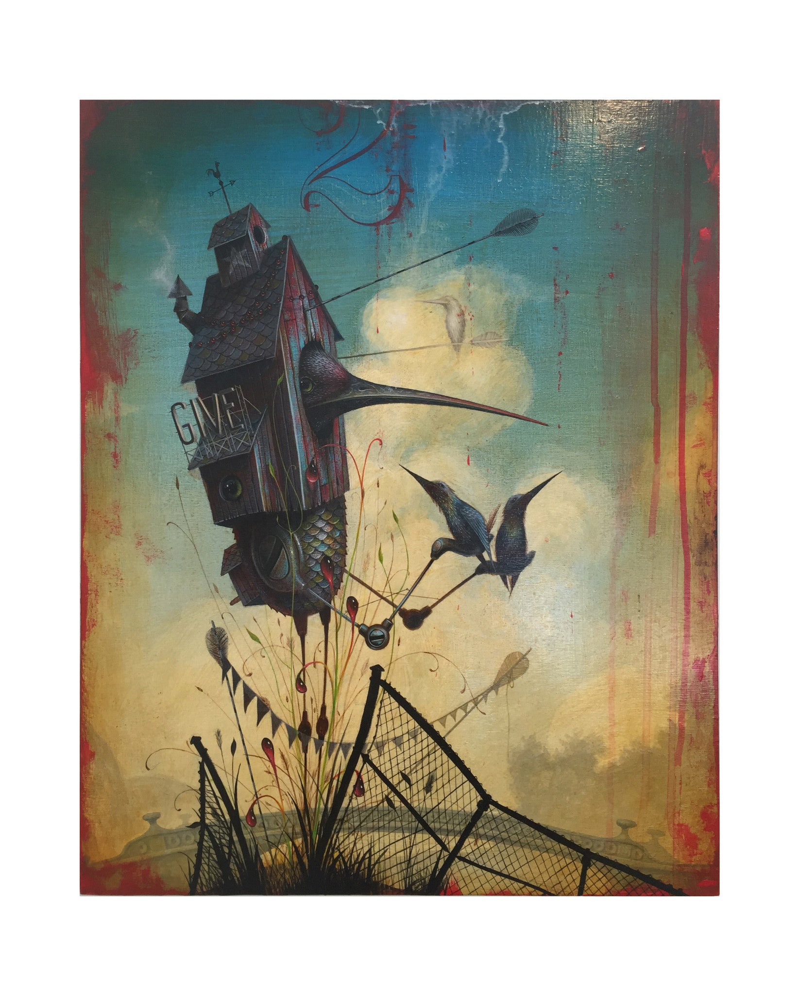Surreal artwork by Johnny Rodriguez depicted on oil panel features a whimsical, tilted house with a spout labeled GIVEN, atop a twisted structure. Nearby, three birds fly against trailing clouds and red splashes above a leaning fence and abstract plants.