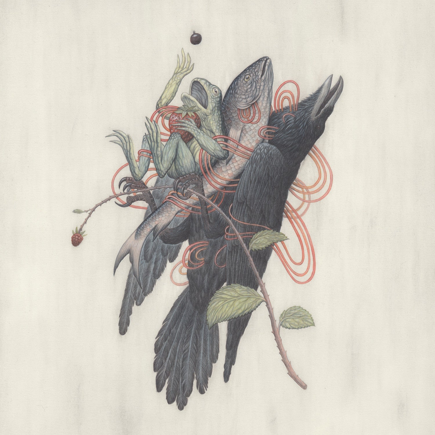 This Nick Sheehy-inspired illustration shows a bird intertwined with vibrant orange lines and leafy branches. A fishs head melds with the bird, forming a surreal fusion on a soft background—a captivating piece fit for the Suggestivism: Resonance exhibition.