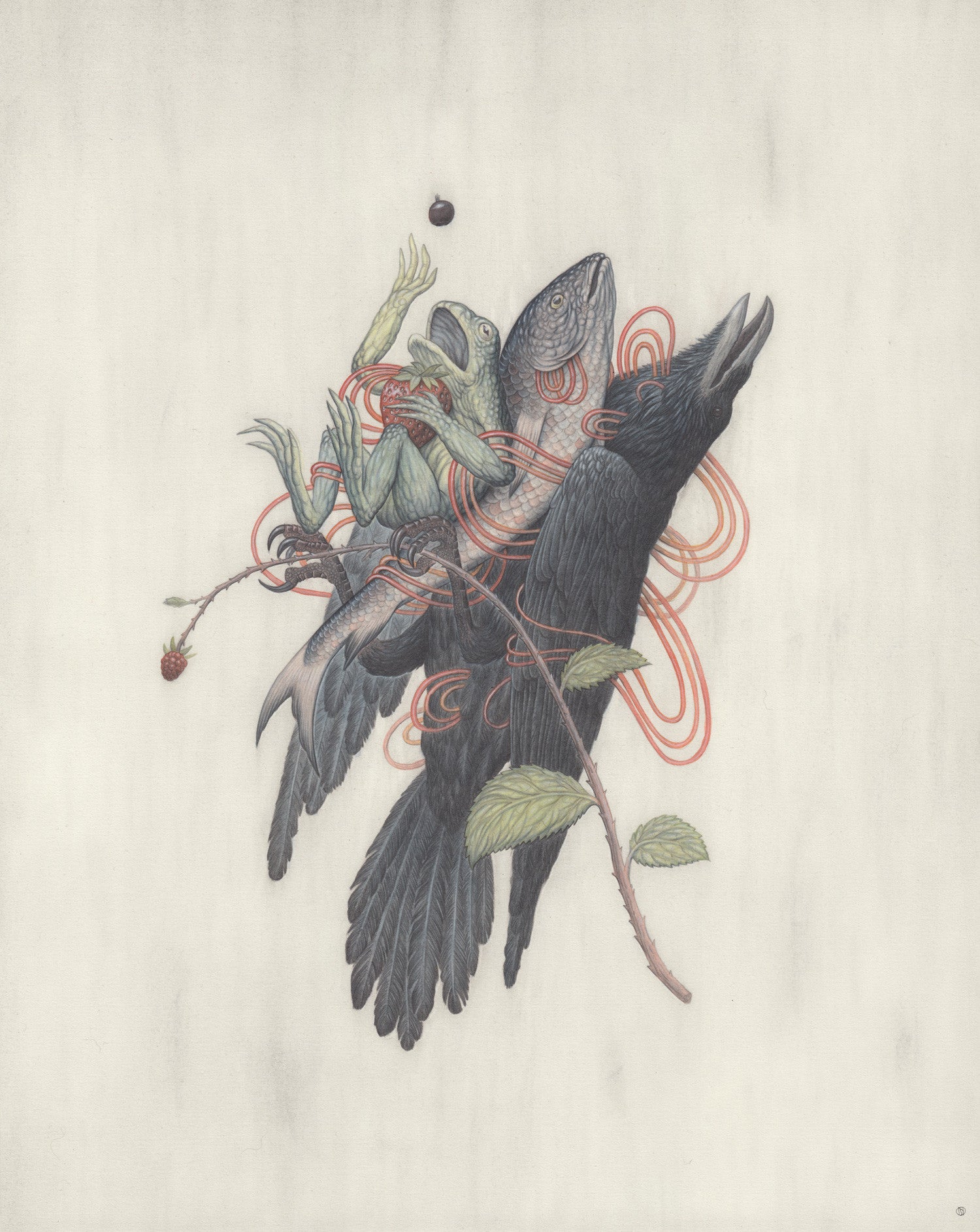 This Nick Sheehy-inspired illustration shows a bird intertwined with vibrant orange lines and leafy branches. A fishs head melds with the bird, forming a surreal fusion on a soft background—a captivating piece fit for the Suggestivism: Resonance exhibition.