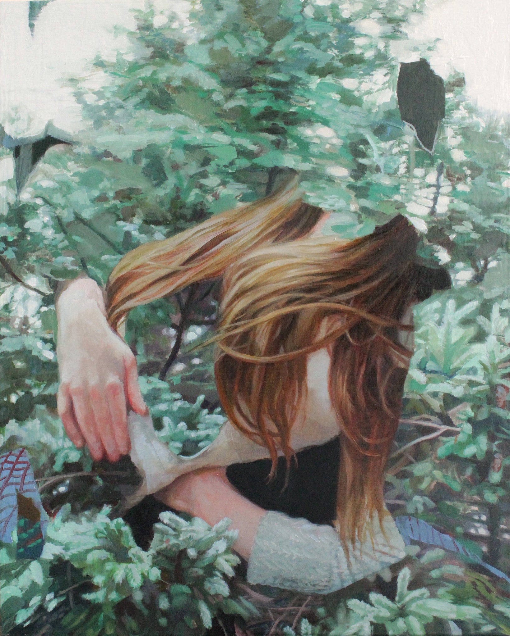 This abstract image, in tribute to Meghan Howlands style, depicts a person with long brown hair blending into lush greenery. Their face is hidden, and an arm rests on foliage, creating a dreamlike scene that echoes themes of nature and anonymity.