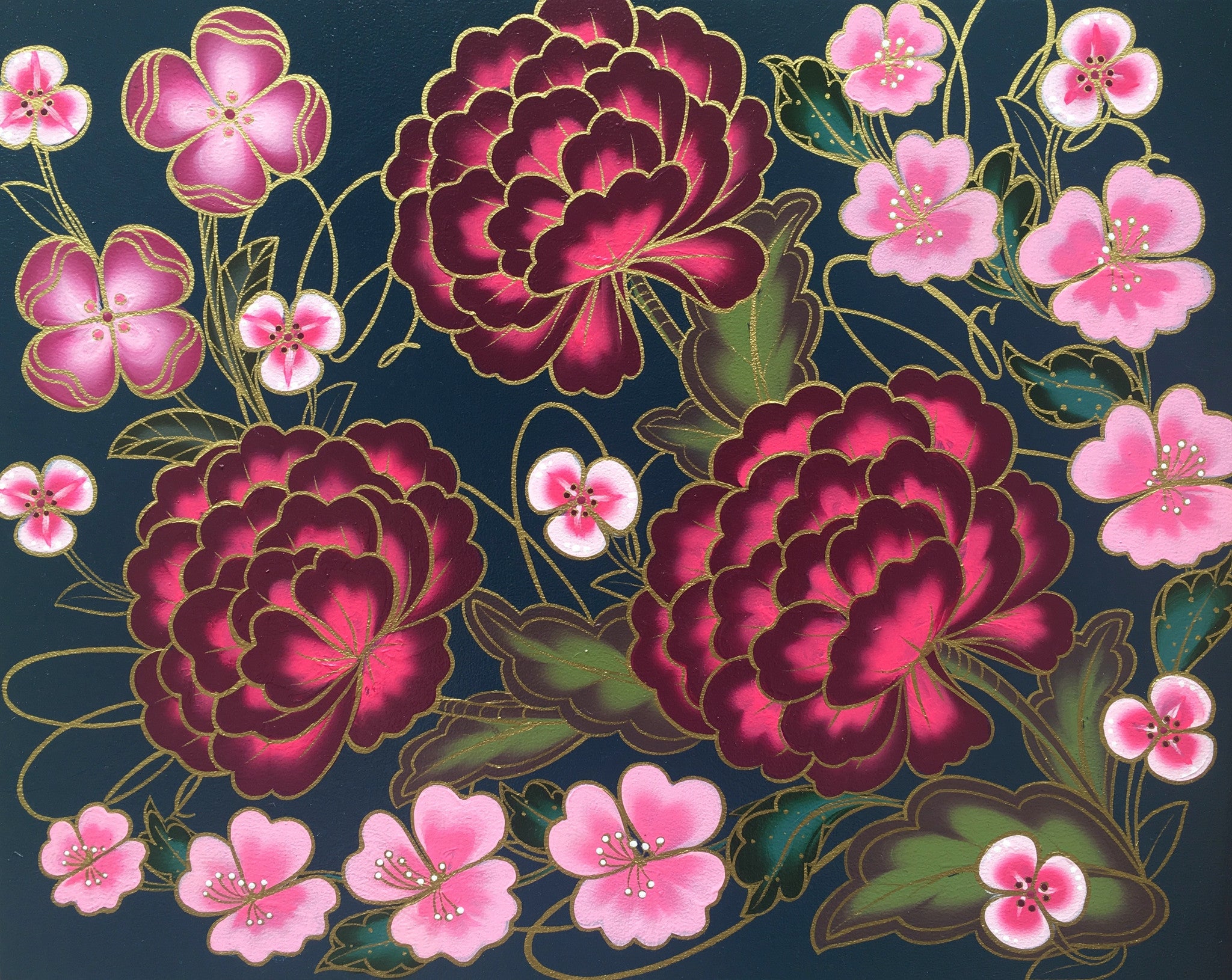 A vibrant piece by Jet Martinez showcases large red flowers with gold outlines, smaller pink flowers, and green leaves on a dark background, echoing the style of Suggestivism: Resonance through acrylic and ink on panel.