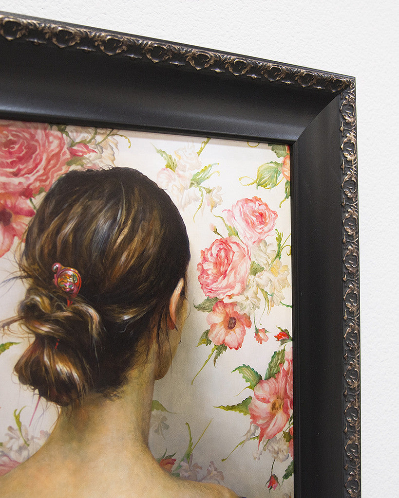 An oil on panel painting by Esao Andrews depicts a person with brown hair in a bun and a colorful hairpin, set against a background of pink and red roses on white.