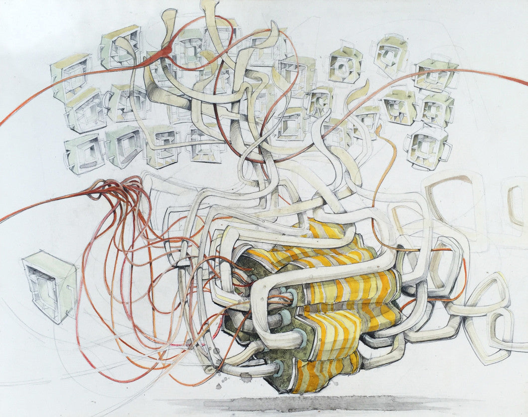 Abstract artwork by Kiel Johnson featuring tangled, flowing lines resembling cables or tubes, connected to geometric cube-like shapes. A central striped fabric-like bundle suggests a swarm, with vibrant colorful lines radiating in various directions.