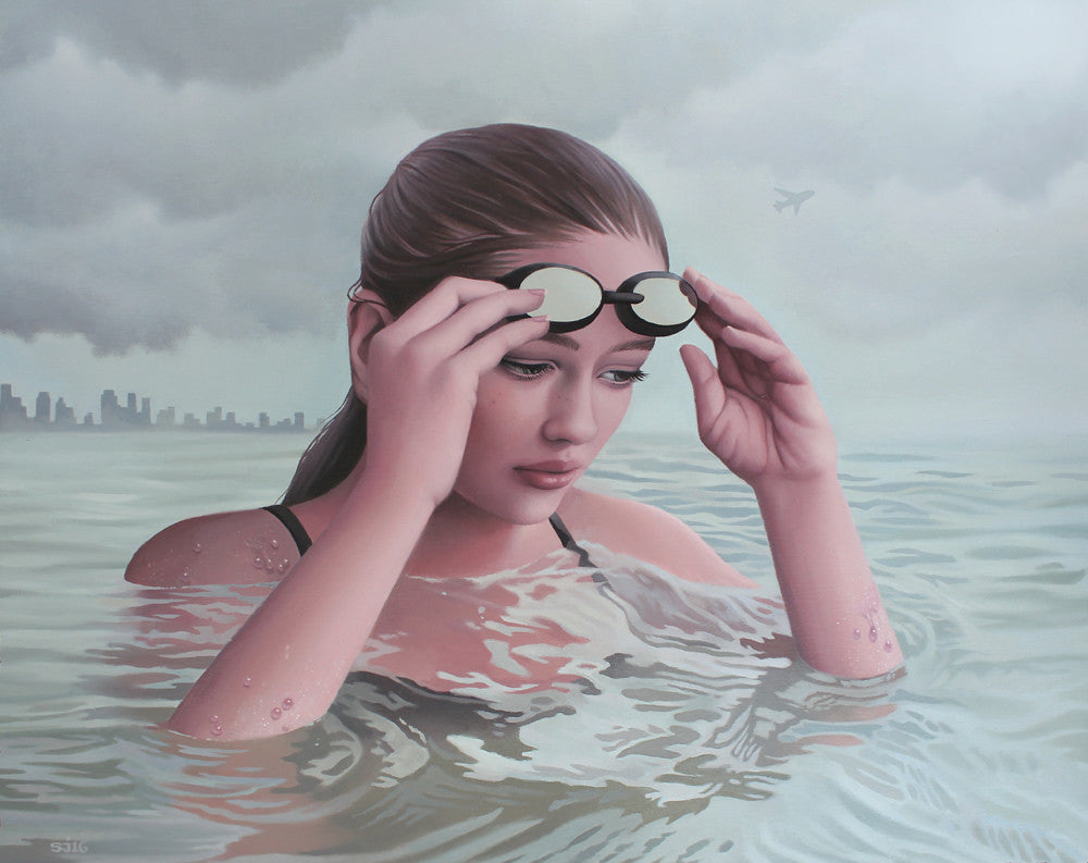 A person adjusts their swimming goggles in calm water under an overcast sky, with a distant city skyline and a plane gliding by, creating a scene reminiscent of Sarah Joncass evocative artistry.