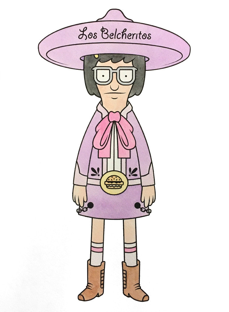 The Beast Brothers cartoon character, with a large pink sombrero labeled Los Belcheritos, wears glasses, a pink bow tie, and a huipil. A golden belt flaunts a hamburger design, paired with brown boots—ideal for Bobs Burgers art show at Spoke Art NYC.