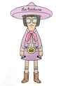 The Beast Brothers cartoon character, with a large pink sombrero labeled Los Belcheritos, wears glasses, a pink bow tie, and a huipil. A golden belt flaunts a hamburger design, paired with brown boots—ideal for Bobs Burgers art show at Spoke Art NYC.