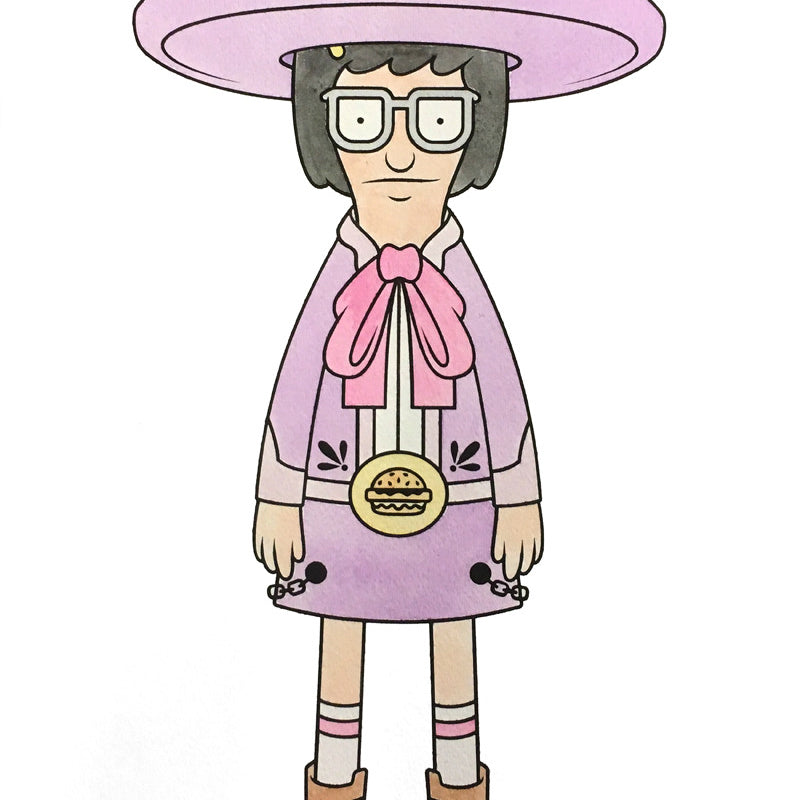 The Beast Brothers cartoon character, with a large pink sombrero labeled Los Belcheritos, wears glasses, a pink bow tie, and a huipil. A golden belt flaunts a hamburger design, paired with brown boots—ideal for Bobs Burgers art show at Spoke Art NYC.