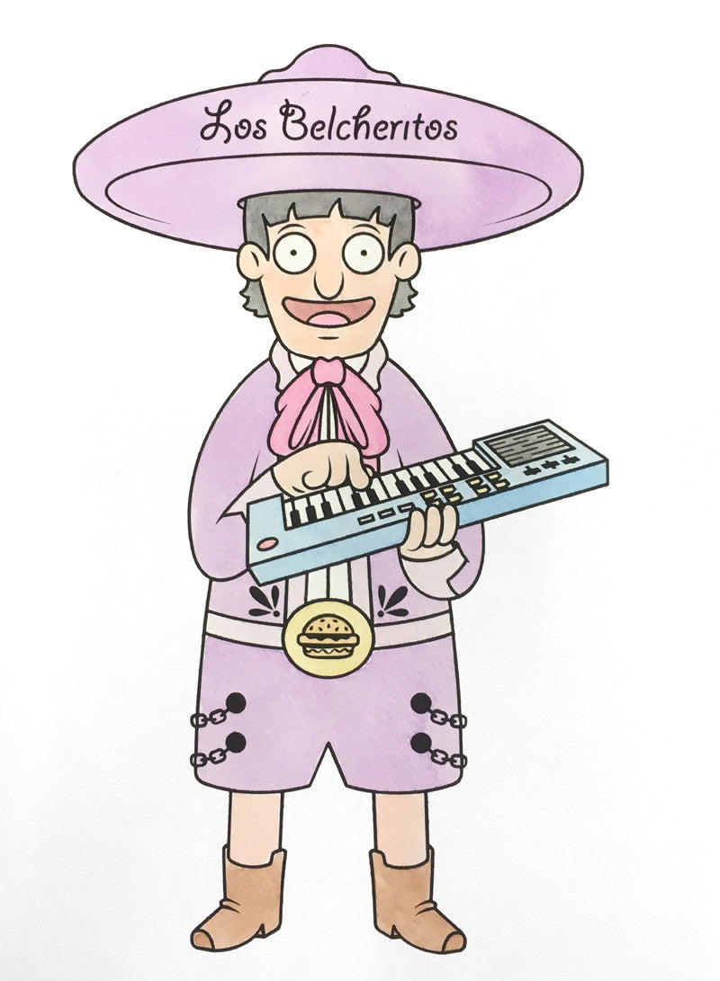 A cartoon character in a purple mariachi outfit and large hat labeled Los Belcheritos stands proudly, evoking a Bobs Burgers art show. The Beast Brothers design features them with a keyboard and burger medal, capturing the quirky charm of this watercolor painting.
