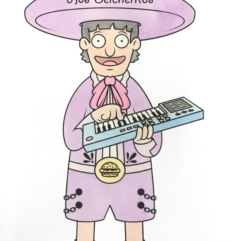 A cartoon character in a purple mariachi outfit and large hat labeled Los Belcheritos stands proudly, evoking a Bobs Burgers art show. The Beast Brothers design features them with a keyboard and burger medal, capturing the quirky charm of this watercolor painting.