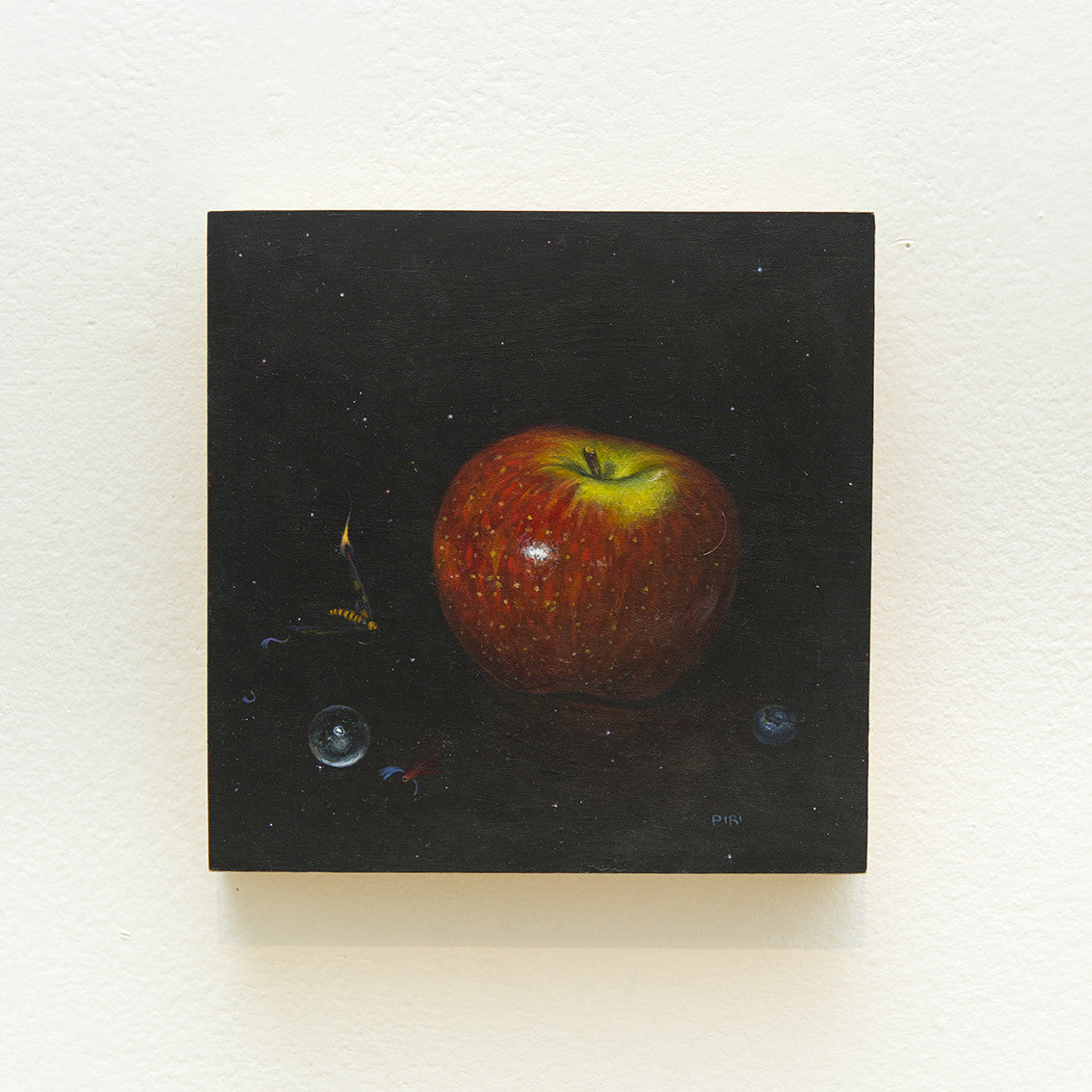 Acrylic on wood panel, this square painting of a red apple against a dark background showcases subtle reflections and abstract elements. A delicate insect adds intrigue, evoking Lilly Piris enchanting style. Displayed artfully on a white wall, its from the brand Lily Piri.