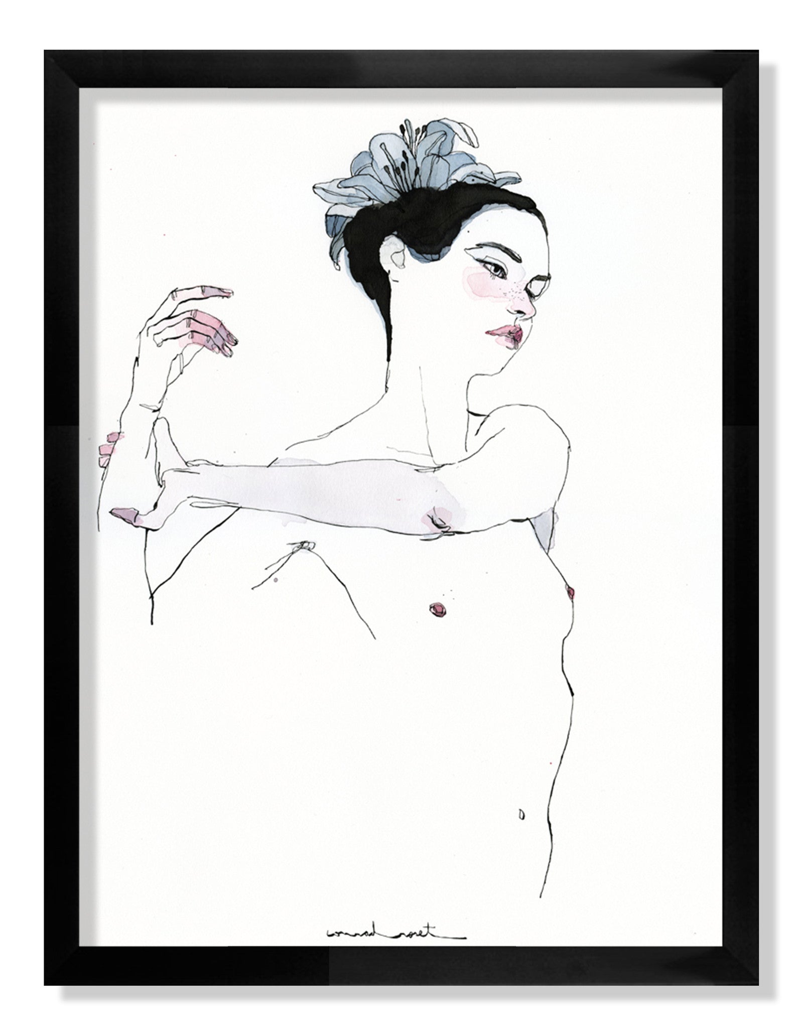 Illustration of a woman with a flower in her hair, eyes closed, arms crossed elegantly in Conrad Rosets style. It features delicate lines, subtle pink and gray watercolor accents with India ink, all framed in black.