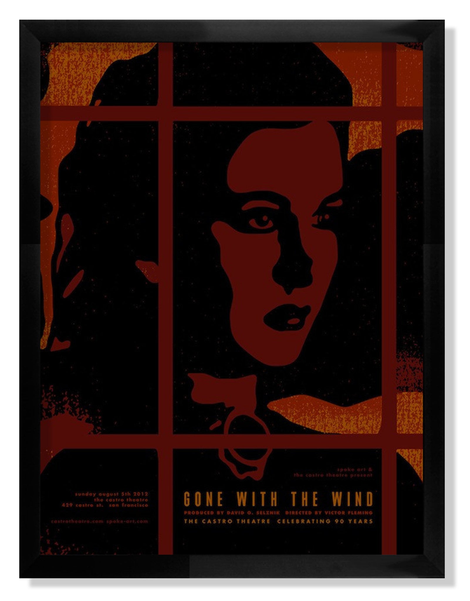 A Sam Smith red and black silk screen print shows a womans face divided by lines like a window, with Gone With The Wind text for a screening event at the Castro Theatre.