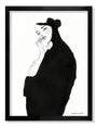 Illustration of a woman in a black cloak, inspired by Conrad Roset, highlighting her pale skin and rosy cheeks with minimalistic contrasts akin to India ink. Framed in black for elegance.