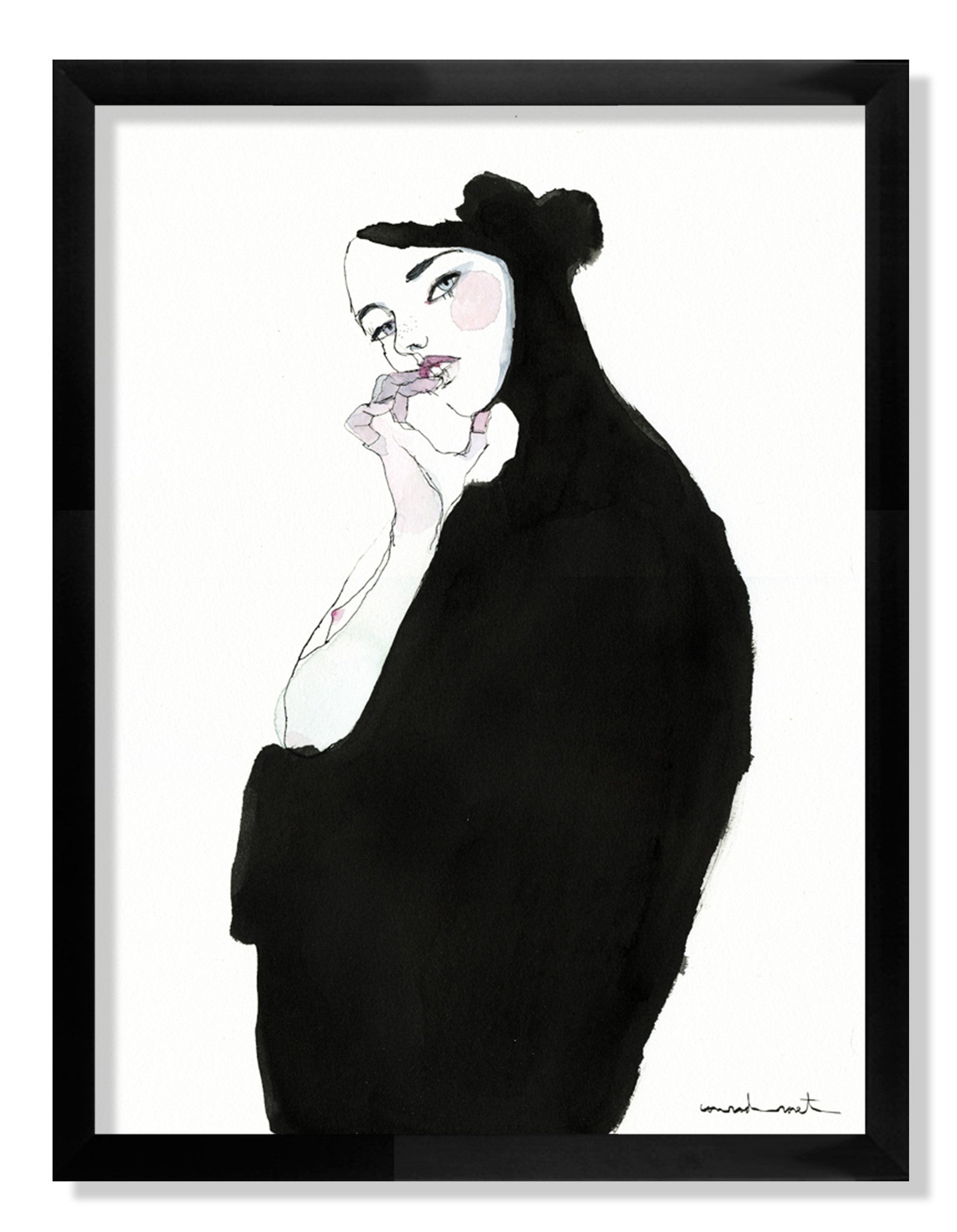 Illustration of a woman in a black cloak, inspired by Conrad Roset, highlighting her pale skin and rosy cheeks with minimalistic contrasts akin to India ink. Framed in black for elegance.