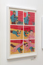 A custom framed comic strip by Joan Cornellà features a bearded man sneezing with a shopping cart, making a woman fall in surprise against a vibrant red and yellow backdrop, showcasing the artists signature humor and style.