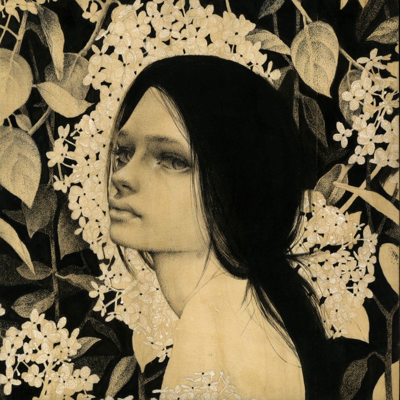 A woman with long dark hair gazes sideways, surrounded by white flowers and dark leaves. This ethereal illustration by Alessandra Maria features a monochromatic palette with subtle gold leaf accents.