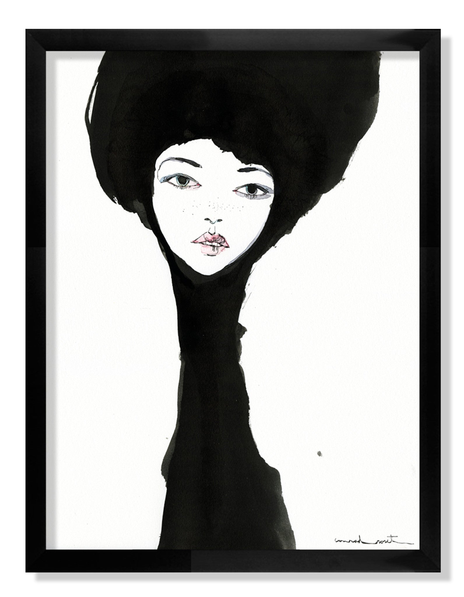 This abstract portrait features a woman with large, dark hair and pale skin, her bold makeup accentuating her eyes and slightly parted lips. The artwork showcases fluid brushstrokes and is framed in black, echoing the signature style of Conrad Roset.