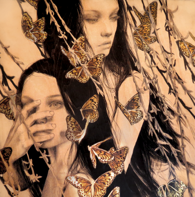 Watercolor illustration of two women among branches and gold leaf butterflies. One womans face is partly covered by her hand; the other gazes downward. The scene echoes Alessandra Marias style through its warm contrast and somber expressions.