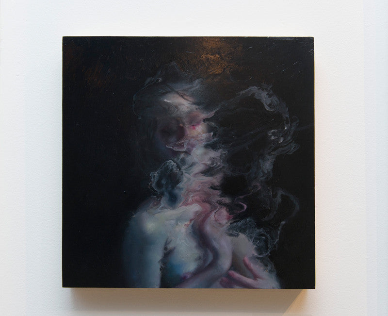 Henrik Uldalen crafted an abstract painting of a figure with a distorted face and body merging into a dark, swirling background. The artwork features deep blacks and blues accented by pink and white hints, evoking a mysterious, ethereal aura akin to the Supersonic Invitational.