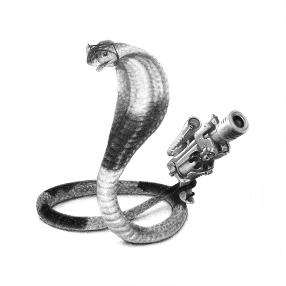 Xiau-Fong Wees framed artwork features a black-and-white sketch of a cobra with an expanded hood, enhanced by a mechanical element, representing the fusion of nature and technology in charcoal on paper against a plain white background.