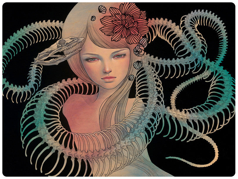 This limited edition illustration by Audrey Kawasaki depicts a woman with long hair intertwined with a snake-like skeleton, accented by a large flower on her head. Set against a dark background, it highlights the intricate details and ethereal atmosphere typical of her fine art giclée prints.