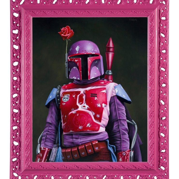 An acrylic painting by Scott Scheidly depicts a figure in red, pink, and purple Mandalorian-style armor holding a red rose. Reminiscent of Bobby Fetts iconic style, it is elegantly framed in an ornate pink frame with intricate floral patterns.