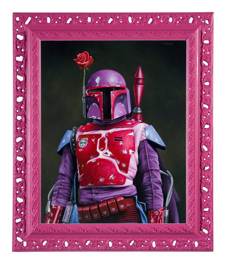 An acrylic painting by Scott Scheidly depicts a figure in red, pink, and purple Mandalorian-style armor holding a red rose. Reminiscent of Bobby Fetts iconic style, it is elegantly framed in an ornate pink frame with intricate floral patterns.