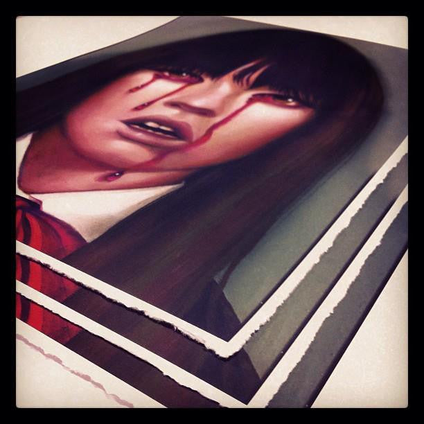 A striking illustration by Steven Daily depicts a person with long hair, red tie, and blood-like red lines from eyes and mouth. This limited edition giclee print on torn-edge paper is signed and numbered for authenticity.