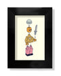 A playful Matt Chase archival pigment print illustrates a LEGO-like figure in pieces with assembly arrows: head with sunglasses and mustache, beige suit torso, pink legs, sword accessory, and black hat. Framed in black for added vibrancy.