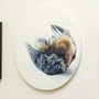 Alex Louisas circular oil painting depicts a small bird lying on its back with closed eyes, featuring detailed feathers in brown, blue, and gray against a light background. This art piece is wall-mounted and available for purchase.