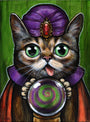 Inspired by the art exhibit aesthetics of Lil Bub, this Kelly Vivanco illustration showcases a whimsical cat in a purple turban with a red jewel and matching robe. It holds a green and purple crystal ball with striking large green eyes and playful tongue set against a textured green backdrop.