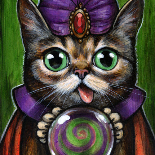 Inspired by the art exhibit aesthetics of Lil Bub, this Kelly Vivanco illustration showcases a whimsical cat in a purple turban with a red jewel and matching robe. It holds a green and purple crystal ball with striking large green eyes and playful tongue set against a textured green backdrop.