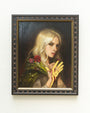 At the Spoke Art Gallery, Chrystal Chans framed painting depicts a woman with long blonde hair holding red and pink flowers. Dressed in green with oil and gold leaf on her hand, her solemn expression is beautifully accentuated by the dark background.
