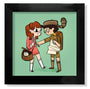 Lauren Greggs limited edition artwork showcases a cartoon girl in a pink dress with flowers, a boy scout with glasses and coonskin cap presenting a map, and a cat in her shoulder bag. The vibrant teal backdrop is enhanced by an archival pigment print.