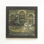 Nom Kinnear Kings Merewifs Voyage is a surreal oil painting on wood panel featuring a woman in a dress seated in a cart pulled by four goats. Set against an intricately muraled arched building facade, the piece creates an eerie atmosphere with its finely detailed depiction.