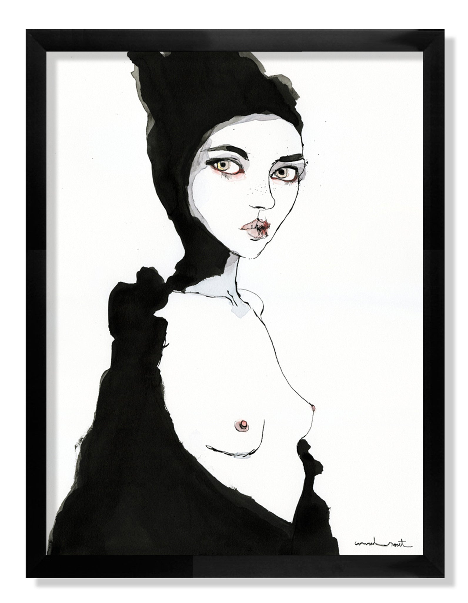 An abstract art piece by Conrad Roset depicts a person with pale skin, black headwear, exaggerated eyes and lips. The minimalist style uses fluid black India ink brushstrokes with selective color, partially silhouetted by a dark garment. Framed artwork.