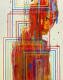 This Erik Jones limited edition print depicts a womans face with vibrant dripping paint and intersecting red, blue, and orange geometric lines on a white background. Each artwork is signed and numbered for authenticity.