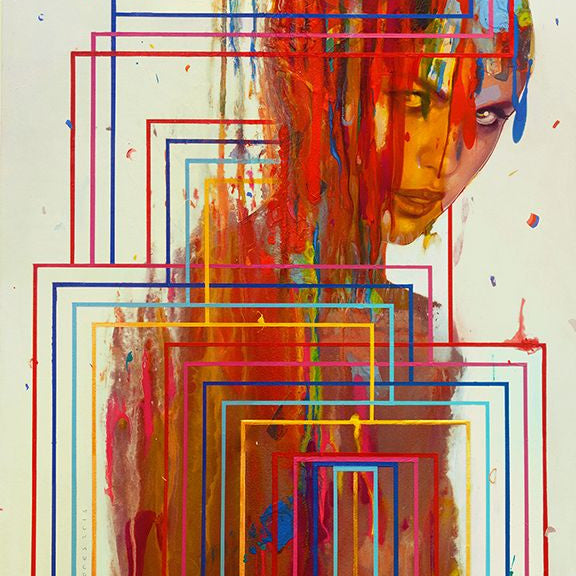 This Erik Jones limited edition print depicts a womans face with vibrant dripping paint and intersecting red, blue, and orange geometric lines on a white background. Each artwork is signed and numbered for authenticity.
