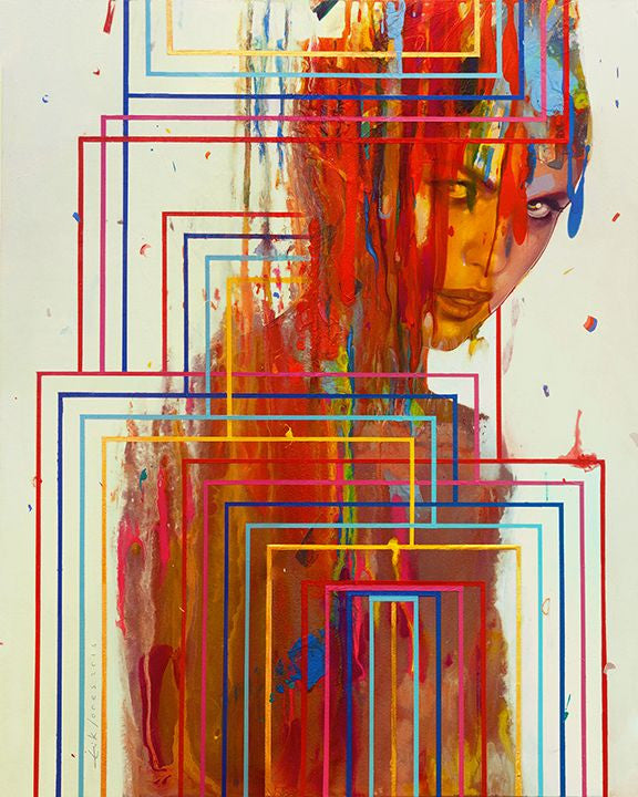 This Erik Jones limited edition print depicts a womans face with vibrant dripping paint and intersecting red, blue, and orange geometric lines on a white background. Each artwork is signed and numbered for authenticity.