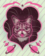 A wide-eyed cat with its tongue out is nestled in a heart-shaped border against a starry sky and stylized planets, echoing the Stars and BUBs Forever theme. The pink and mint green colors capture the whimsical charm of Lil Bub art by Noelle McClanahan.