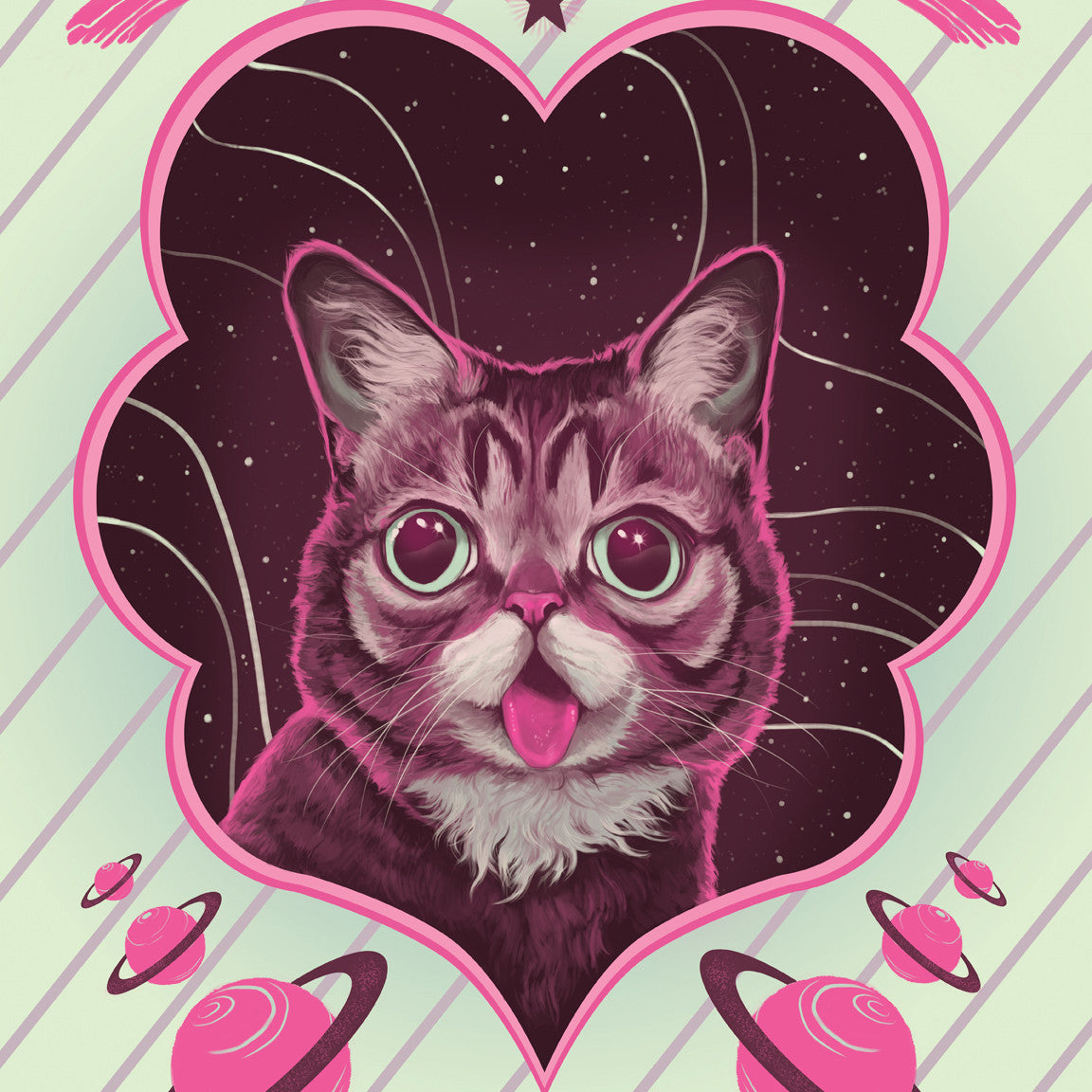 A wide-eyed cat with its tongue out is nestled in a heart-shaped border against a starry sky and stylized planets, echoing the Stars and BUBs Forever theme. The pink and mint green colors capture the whimsical charm of Lil Bub art by Noelle McClanahan.