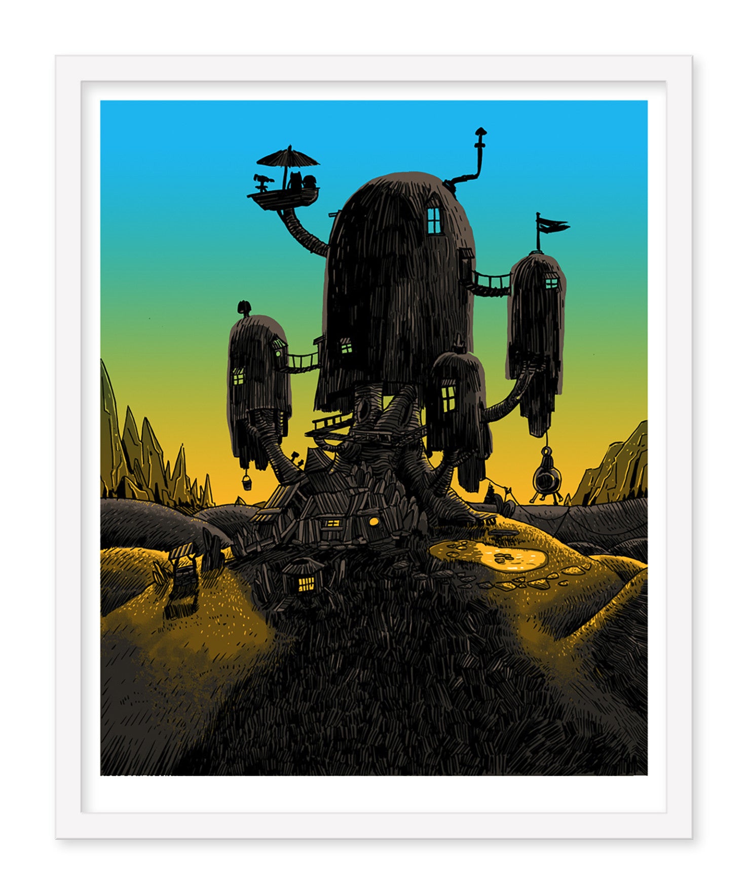 Tim Doyles Adventure Time-inspired art depicts a whimsical tree-like structure with rounded buildings and glowing windows on a hill at sunset. The sky transitions from blue to yellow, creating a mystical atmosphere. A small satellite dish adds charm, and custom framing options are available.