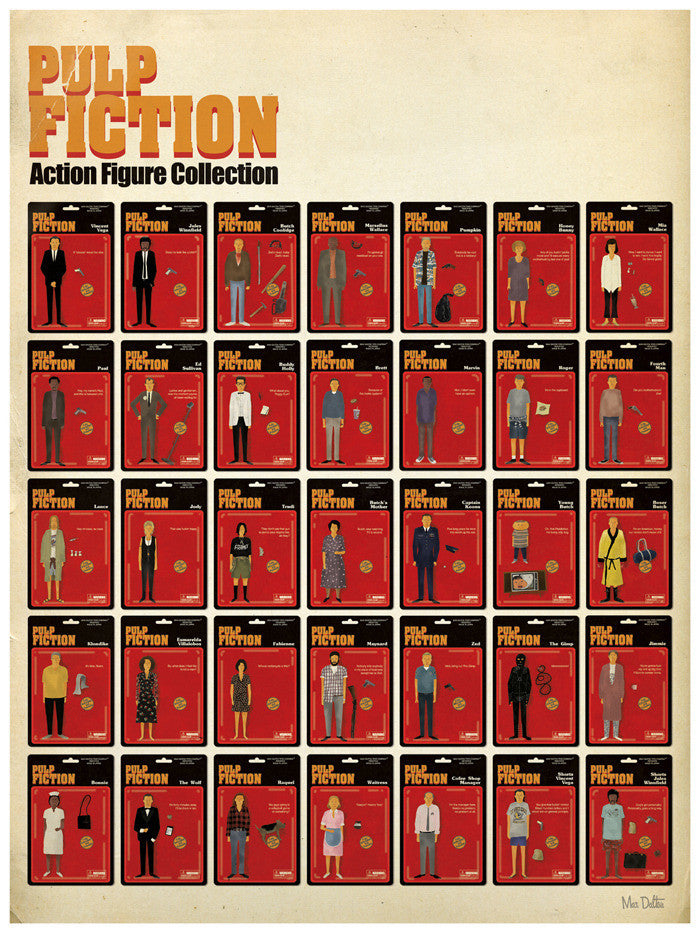 Max Daltons Pulp Fiction Action Figure Collection poster displays 30 boxes of film characters set against a red background, resembling classic action figure packaging.