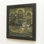 An oil painting by Nom Kinnear King, Merewifs Voyage, depicts a woman in a vintage dress sitting in a cart pulled by five white goats. The backdrop features arched windows with classical architecture, framed and mounted on a white wall, enhancing its timeless allure.