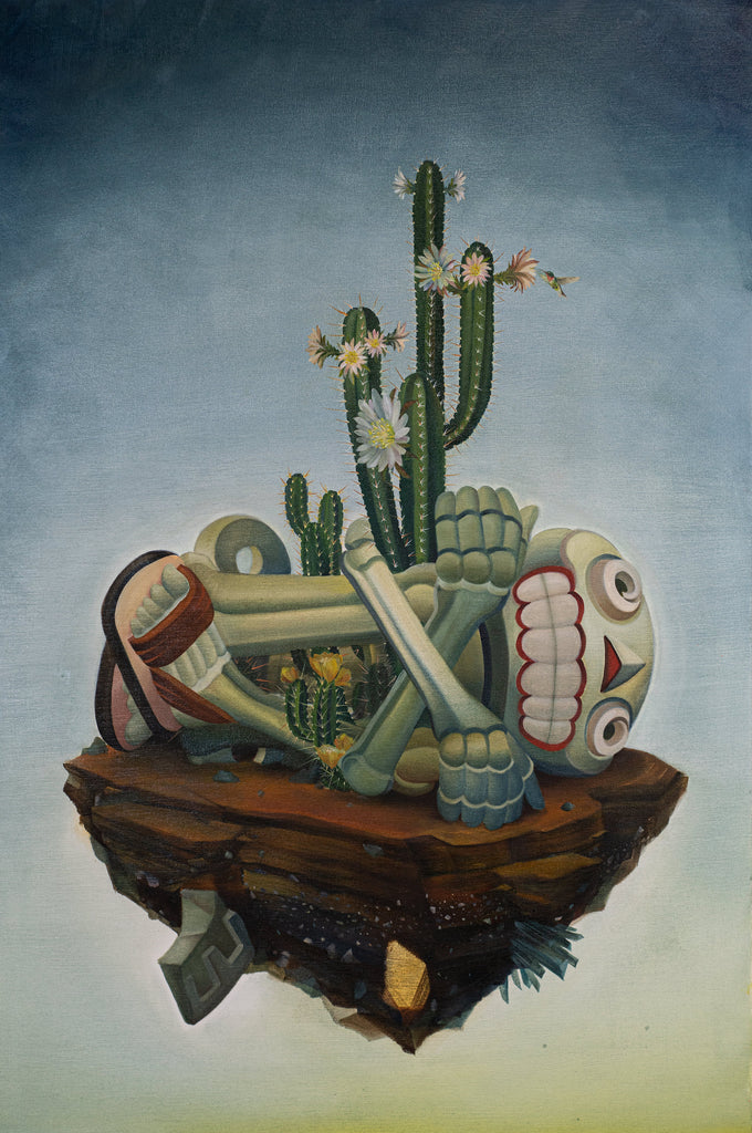 skeleton figure laying in fetal position on floating patch of earth with cacti, bluish background