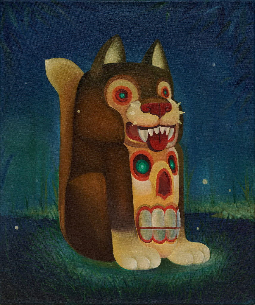 dog with skull on chest sitting in grass with dark blue background