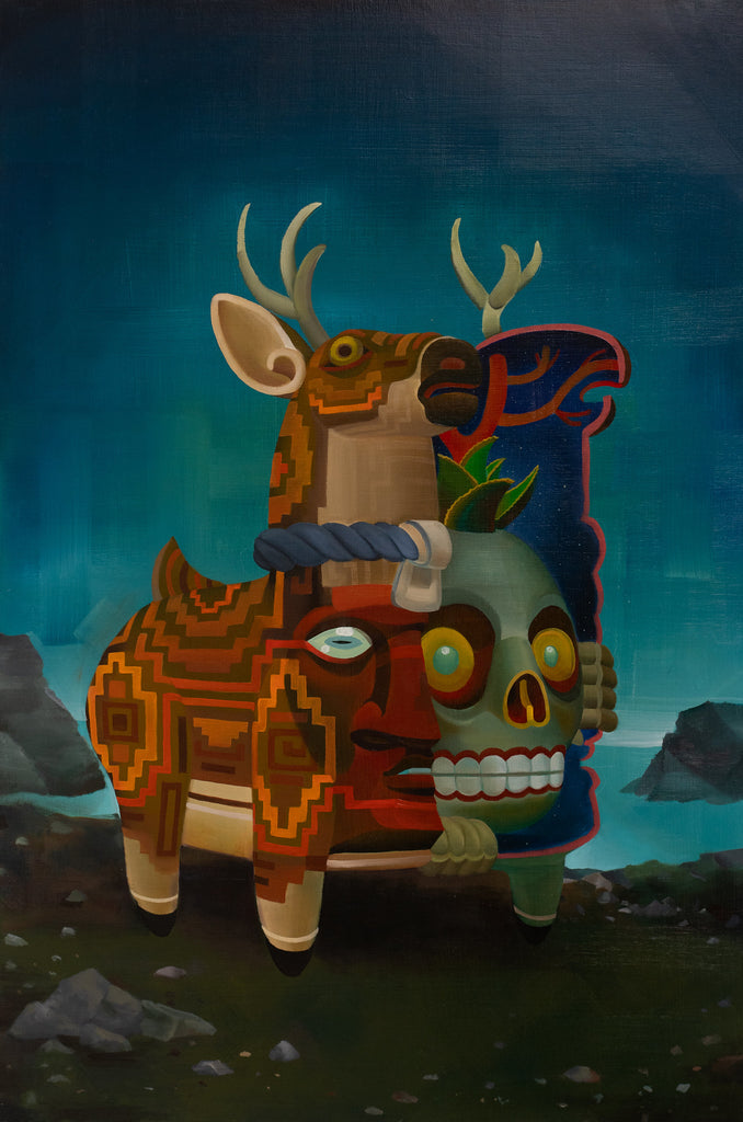 deer figure split in half revealing humanish skull inside chest, standing on rocky ground with water and blue sky in background