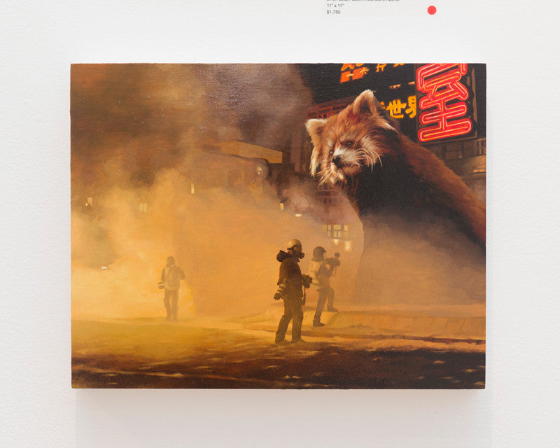 A painting by Caleb Brown from the Supersonic Invitational depicts a colossal red panda towering over a neon-lit city street, with firefighters enveloped in smoke gazing up at the gentle giant of Red Panda City.