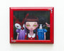 Ana Bagayans framed painting features a girl with large green eyes and bangs in a red dress, bordered in red. It includes two Trick or Treaters resembling a deer and lamb in dresses, set against a dark forest background as if oil on wood panel.